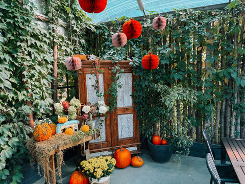 Rustic vintage cabinet with autumn pumpkins and lanterns in a garden