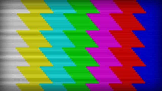 Vintage television color test bars pattern with horizontal scanlines and digital glitch effect displaying vertical multi color blocks on old screen
