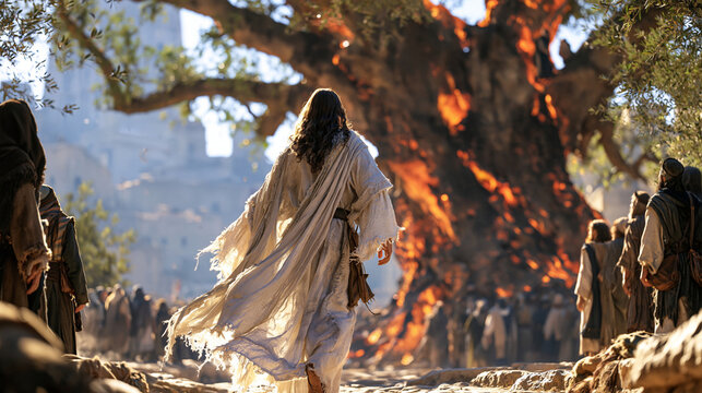 Jesus Christ walking beneath a towering sycamore tree in ancient Jericho while Zacchaeus watches quietly from the branches above, gathered townspeople looking toward Jesus, powerful moment of curios