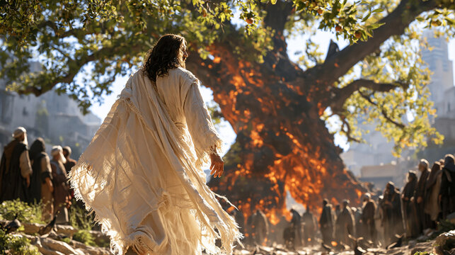Jesus Christ walking beneath a towering sycamore tree in ancient Jericho while Zacchaeus watches quietly from the branches above, gathered townspeople looking toward Jesus, powerful moment of curios