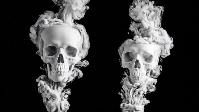 White smoke plumes swirling and shaping into human skulls on black background