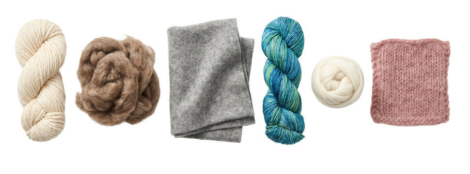 Assortment of natural wool products for knitting and felting, showing raw fiber, chunky yarn, a variegated skein, roving, felt fabric, and a pink knitted swatch