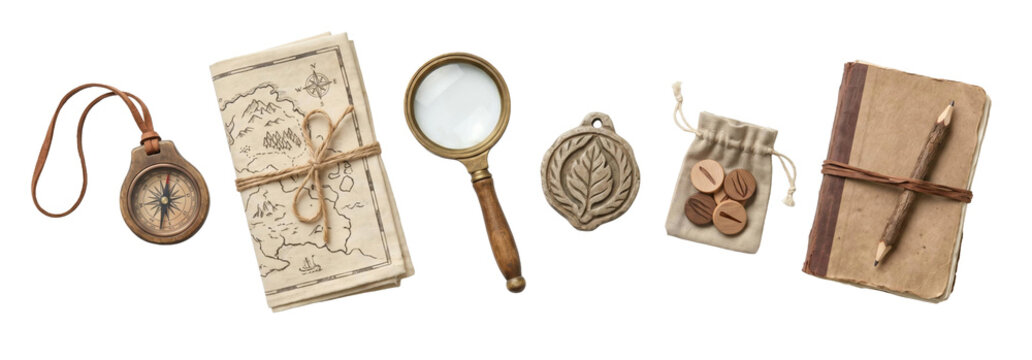 Set of vintage explorer equipment with a compass, folded map, magnifying glass, stone amulet, runes, and a journal for a fantasy role-playing game