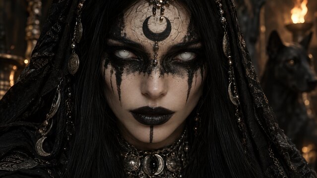 Mystical Gothic Witch Portrait With Crescent Moon And White Eyes