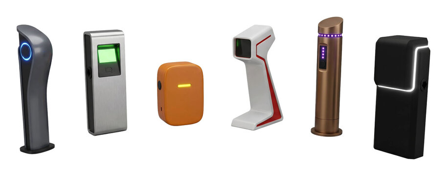 Collection of six modern electronic devices for electric vehicle charging and payment systems, featuring futuristic product designs with glowing LED lights and sleek finishes