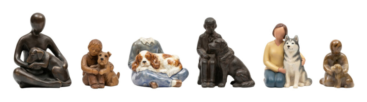 Collection of various decorative figurines depicting the loving bond between people and their dogs, showcasing different artistic styles in bronze, wood, porcelain, and stone