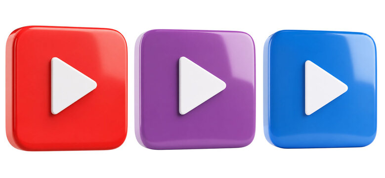 Glossy red, purple, and blue square buttons with white triangular play icons symbolizing modern digital media playback, streaming, and interactive video control design