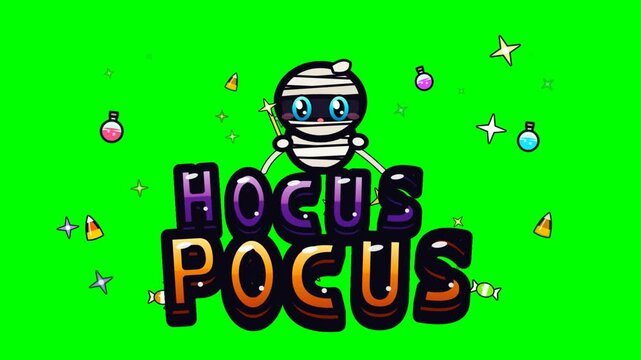 Cartoon mummy Hocus Pocus logo reveal on green screen with candy and sparkles