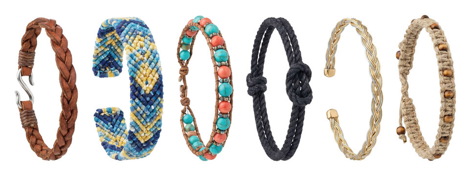 Diverse collection of six artisanal bracelets featuring braided leather, colorful woven fabric, stone beads, knotted rope, two-tone metal, and natural hemp with wooden beads