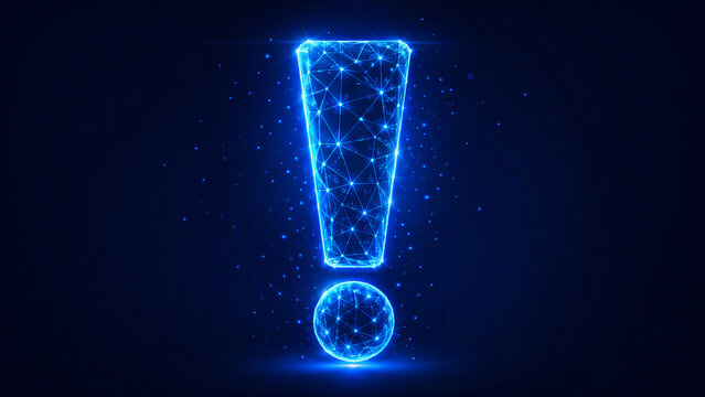 Futuristic glowing exclamation mark made of digital network lines