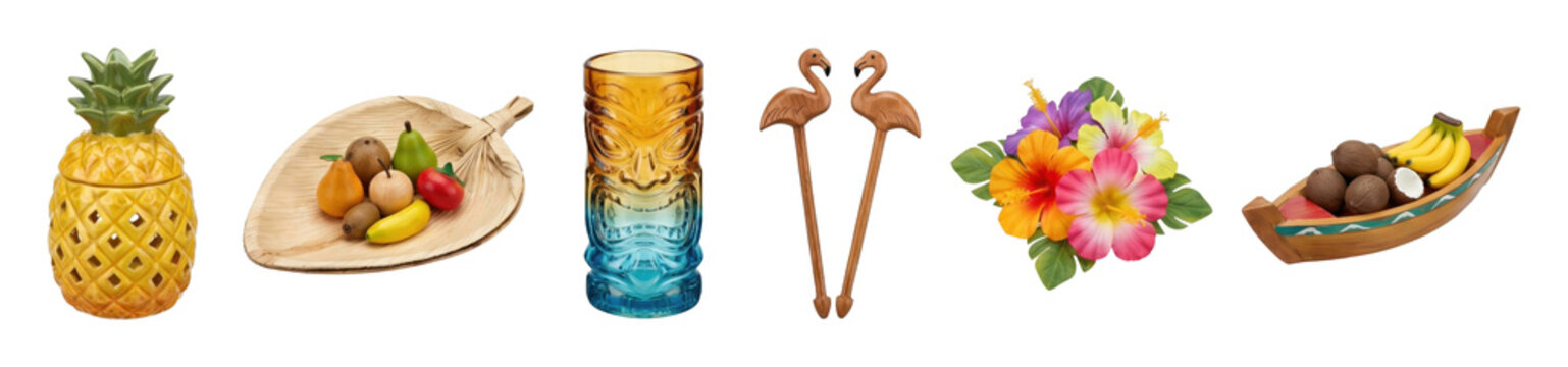 Set of colorful tiki bar essentials with a pineapple container, a gradient cocktail glass, flamingo picks, exotic fruits in a boat, and vibrant hibiscus flower decorations