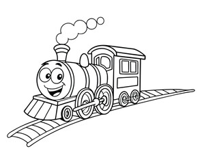 Cute Cartoon Steam Train Engine Character Kids Coloring Page Black Line Art Vector Illustration © Ashikuzzaman