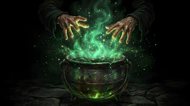 Mysterious witch hands casting a spell over a glowing green magical cauldron in the darkness