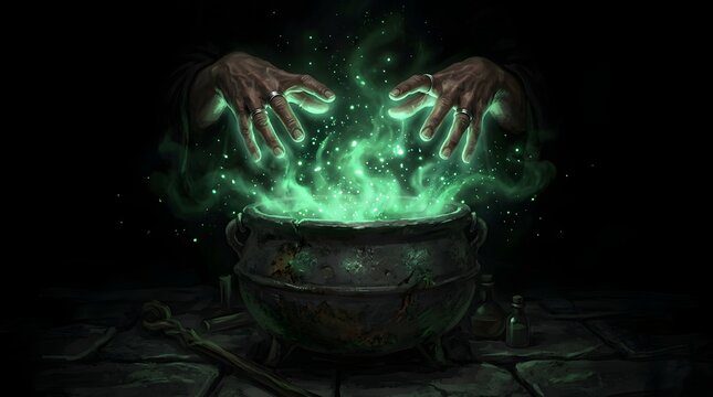 Dark atmospheric scene featuring witch hands casting magic over a glowing green cauldron pot
