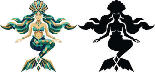 Fototapeta premium Majestic geometric mermaid princess with golden shell crown and flowing teal hair beside a black silhouette representing mystical ocean mythology and elegant marine fantasy artwork.