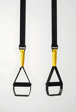 Functional fitness and suspension training, black and yellow resistance straps for bodyweight exercise and strength conditioning isolated