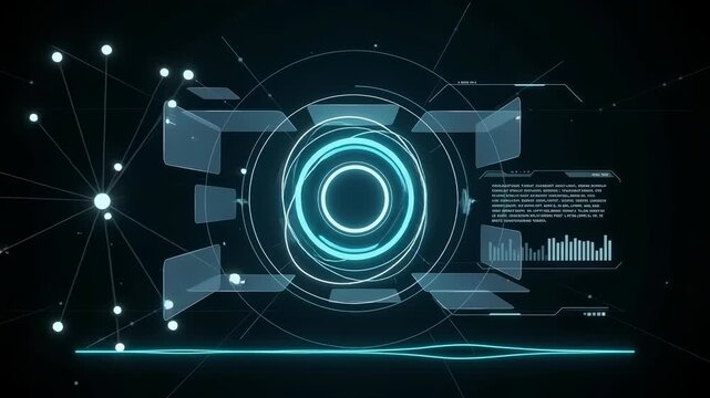 Abstract blue digital HUD interface with glowing circles and futuristic data elements for technology concepts
