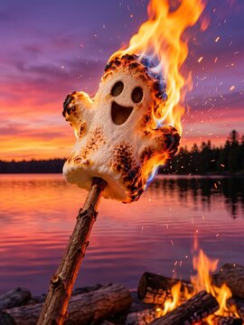 Flaming ghost marshmallow roasting over campfire at sunset