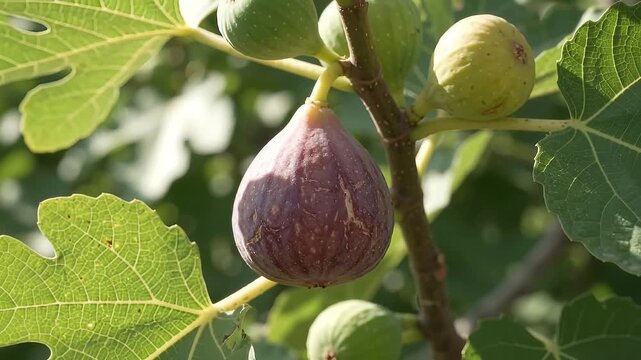 Ripe purple fig on branch zooming out to reveal green foliage