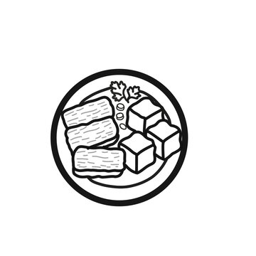 Fried tofu and tempeh on plate line icon, Indonesian food