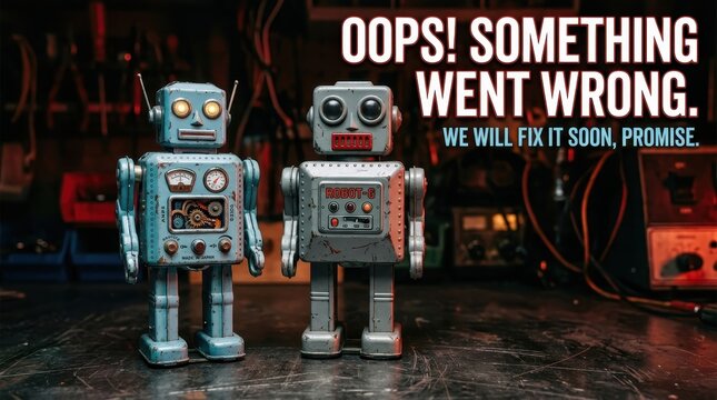 Vintage Tin Robots in Workshop with Oops Something Went Wrong Error Message Text for Website Maintenance Page