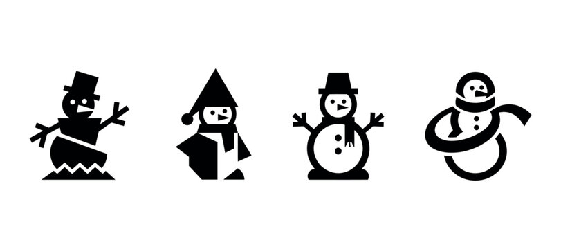 Snowman silhouettes depict winter characters in a flat graphic style
