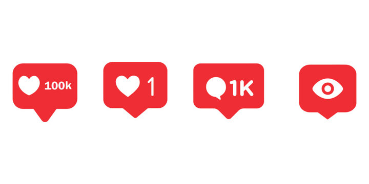 Red social media like notification icons with heart symbol and number one scattered on light gray background. Social media notification icon set featuring like heart counters followers views and user 