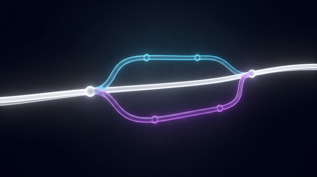 Software version control concept of a glowing main timeline tube splitting and merging back