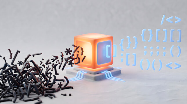 Programming concept of a glowing box organizing broken 3D coding brackets for bug fixing