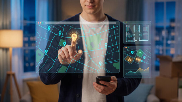 Digital housing search, apartment booking and property renting platform with mobile app and futuristic map interface