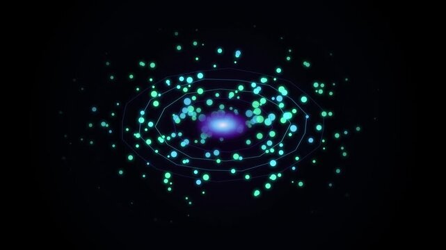Abstract space background with glowing blue light particles and circular digital orbits in a dark infinite universe setting 4K