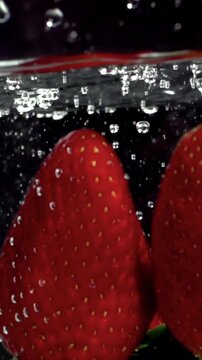 strawberries fruit dropped into water shot in super slow motion in vertical