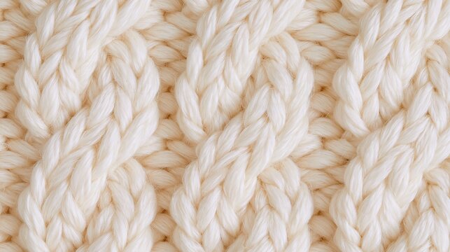 Chunky cream wool cable knit texture with thick braided yarn loops, soft warm ivory fibers, and tactile repeating vertical pattern in close up textile fabric