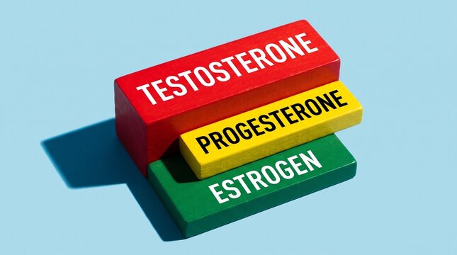 Concept of sex hormones balance with Testosterone Progesterone and Estrogen text on colorful wooden blocks over blue background

