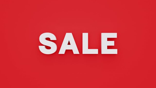 Bold white 3D "SALE" lettering animation on solid red background, clean modern typography with subtle shadows, seamless loop, promotional graphic for retail, discounts, and ads.