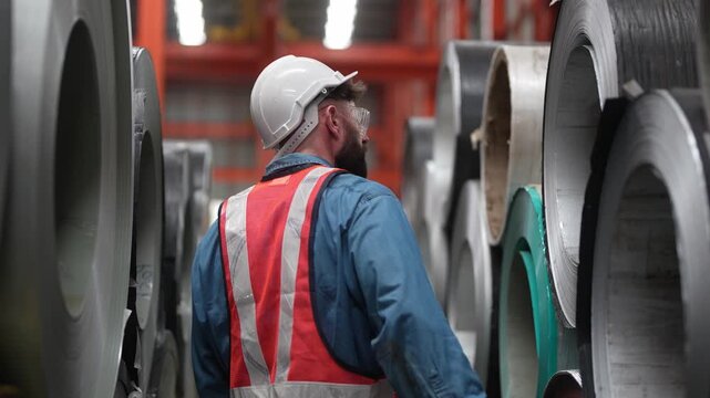 Worker inspects steel coils at manufacturing facility in the afternoon