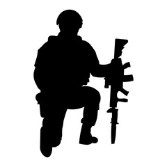 Obraz premium Isolated silhouette illustration of a soldier in full combat gear carrying a long-barreled weapon kneeling for war and military themed images.