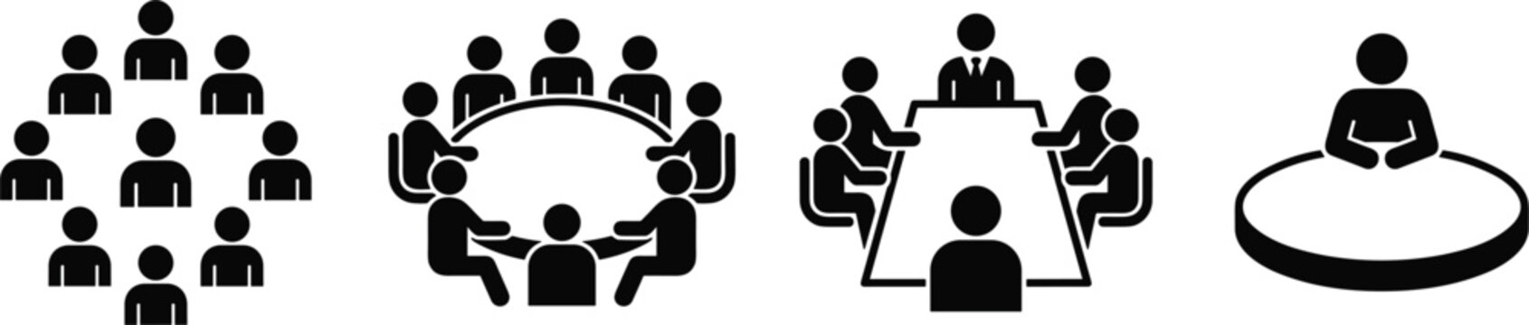 Business meeting icons set showing corporate teamwork collaboration round table conference discussion and office executive board seminar presentation