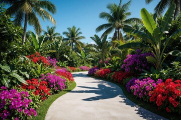 Fototapeta premium Winding concrete path leads through tropical garden with bright flowers. Colorful bougainvillea, exotic plants line curved walkway under blue sky. Sunny summer day in botanical park with palm trees,