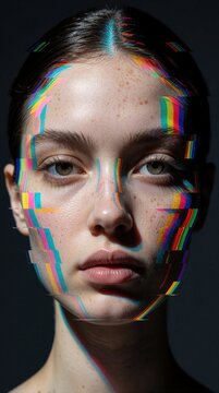 Young woman face with digital glitch effect. Abstract portrait shows colorful pixel distortion, data error on human skin. Modern tech concept of broken identity cyber glitch art. Close up head shot
