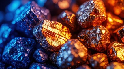Naklejka na ściany i meble Close up of raw rare earth minerals with metallic shine. Glowing colorful stones show spectrum of blue, gold hues. Valuable elements used in advanced tech, green energy, electronics industry.