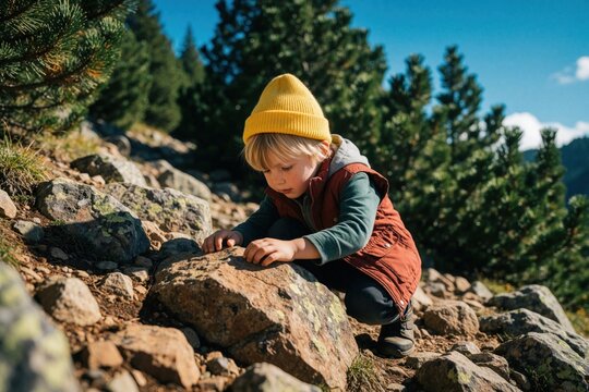 Little boy explores rocky mountain terrain during hiking trip. Focused child touches stones on trail wearing yellow beanie, orange vest. Young adventurer discovers nature in wild forest landscape.