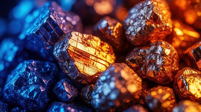 Close up of raw rare earth minerals with metallic shine. Glowing colorful stones show spectrum of blue, gold hues. Valuable elements used in advanced tech, green energy, electronics industry.
