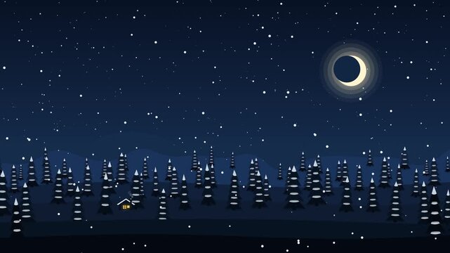 A 4K seamless loop of a layered paper-craft winter pine forest silhouette under a starry night sky with falling snow, glowing moon, and cozy cabin.