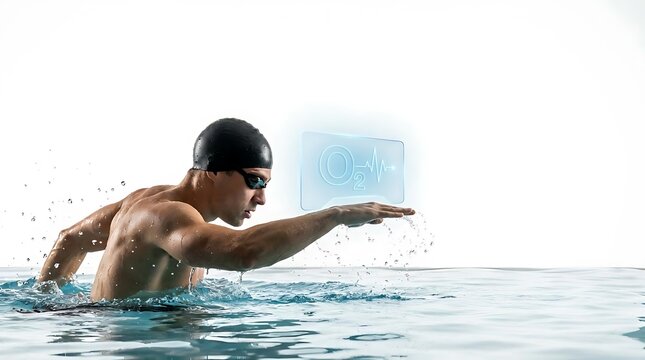 Professional male swimmer training with a digital performance display.
