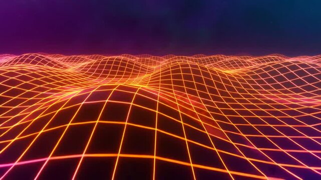 Orange wireframe terrain landscape with glowing geometric mesh waves flowing across dark background with topographic elevation motion in seamless loop
