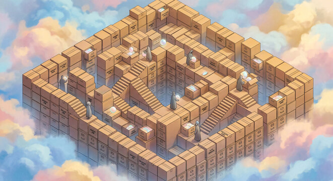 Futuristic Symbolism - Isometric Surrealism Depicts Tiny Faceless Figures Sorting Glowing Memories Into A Floating Maze Of Cardboard Boxes
