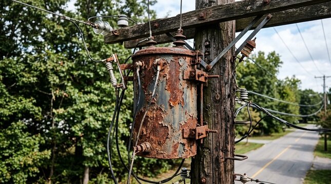 Old Rusty Electrical Transformer on Wooden Power Pole, Rural Scene