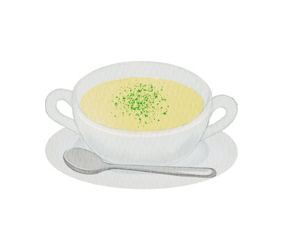 Creamy Soup in White Bowl with Green Garnish and Spoon300dpi