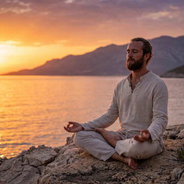 Man in yoga pose, zen meditation at sunset.